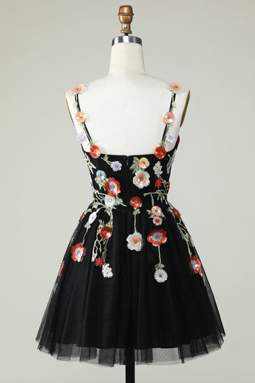 Spaghetti Straps Black A Line Sequin Flowers Cocktail Dress